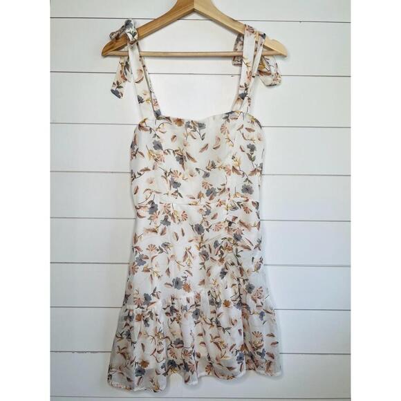 Polly Ivory Floral Print Tie Shoulder Ruffled Hem Sleeveless Mini Dress Size US6 - Picture 2 of 12
